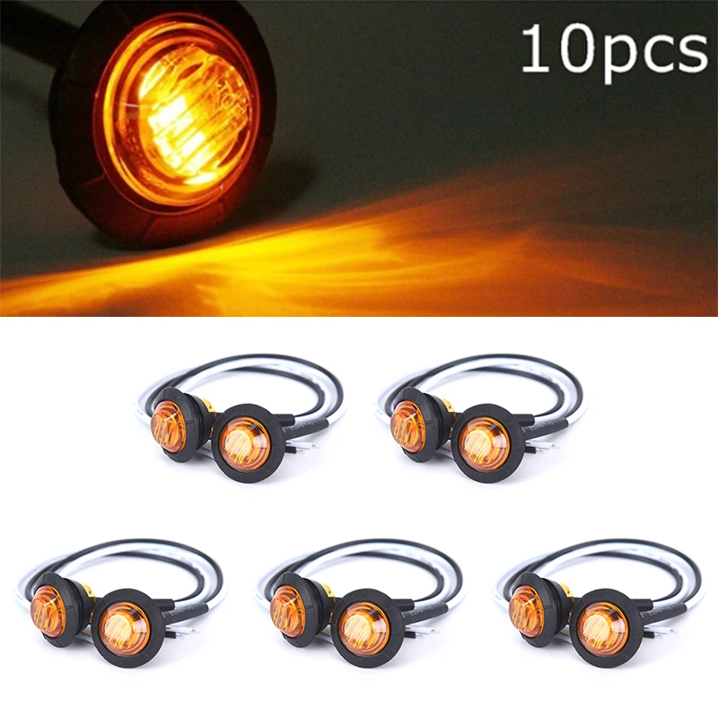 10PCS Mini  1'' Round Amber LED Light Front Rear Side Marker Indicators Light for Truck Bus Trailer Motocycle 12V