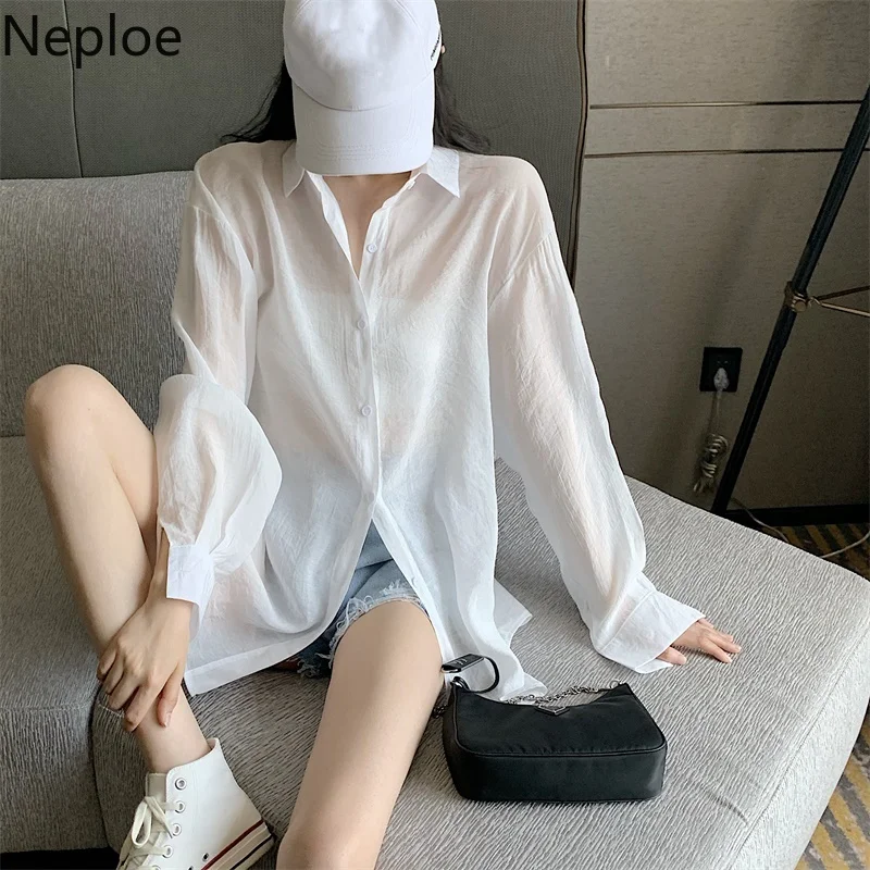 Neploe Korean Sunscreen Shirt Women 2023 Summer Clothes Fashion Bandage Blouses Elegant Loose Long Sleeve See Through White Tops