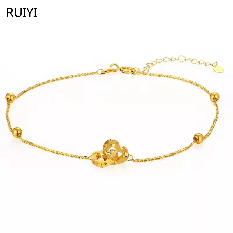 

RUIYI Real 18K Gold Heart Double Buckle Bracelet Pure AU750 Adjustable Chopin Chain for Women Fine Jewelry Gift