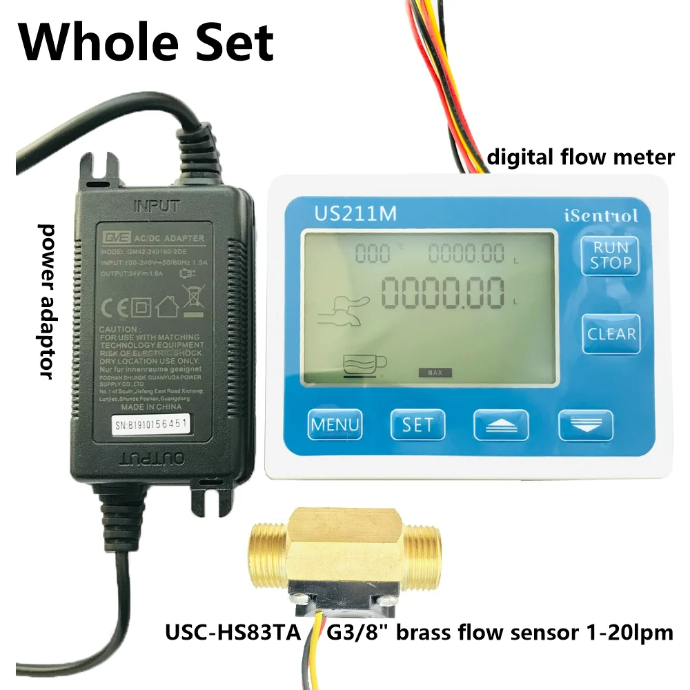 

US211M Digital Flow meter Display with USC-HS83TA G3/8" Brass Flow Meter Totalizer Flow Measurement 1-20L/min Isentrol