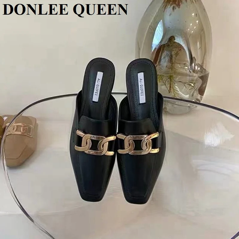 2021 Spring Fashion Women Flat Slippers Close Toe British Style Mule Shoes Brand Loafer Casual Slip On Slides Outdoor Flip Flops