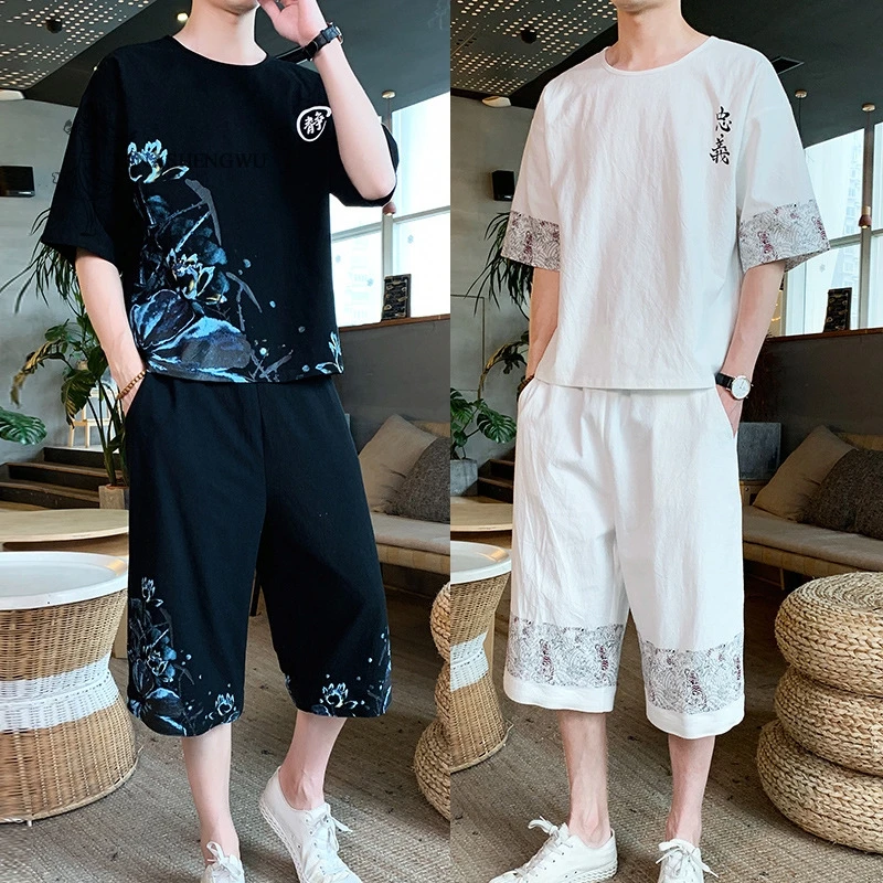 

Men Kimono Short-Sleeved Shirt Pants Two Piece Suits Japanese Summer Print T-shirt Shorts Japan Harajuku Yukata Cardigan Costume