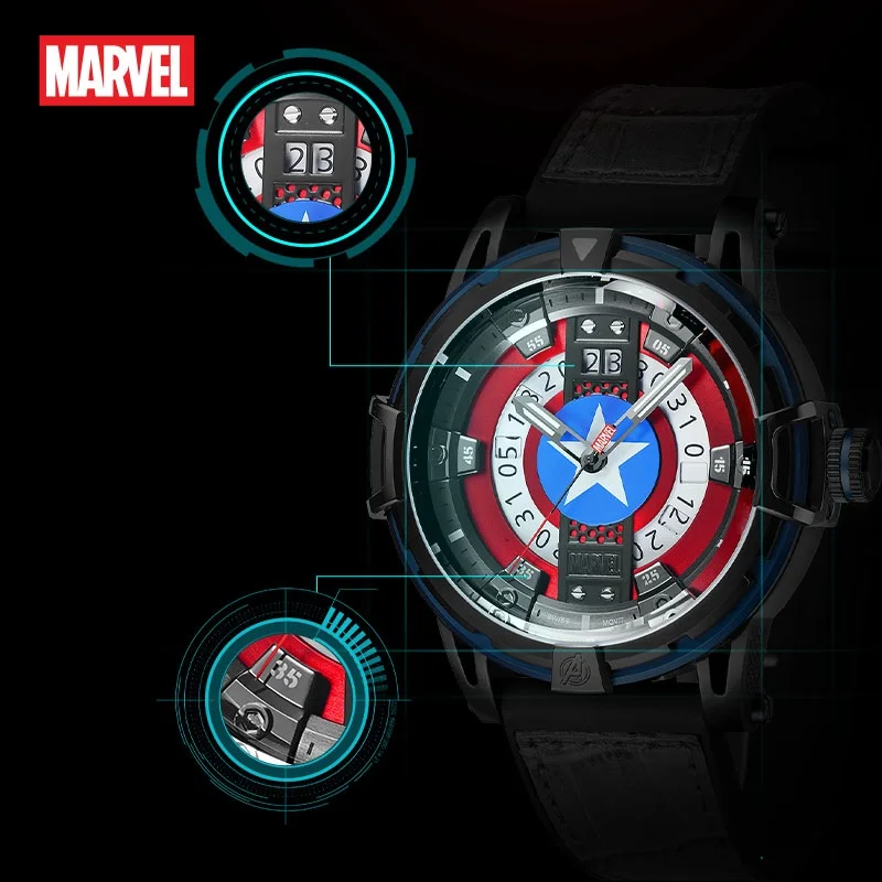 Disney-Montre-bracelet Marvel services.com America Shell pour homme, mouvement à quartz, saphir, cristal, 5 bars, Shoous Calendar, Swiss Learda, Casual