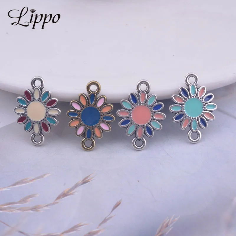 12pcs Antique Gold/Silver Color 14*19mm Enamel Flower Earrings Connector Earrings Double hole Connector Pendant Base Connector