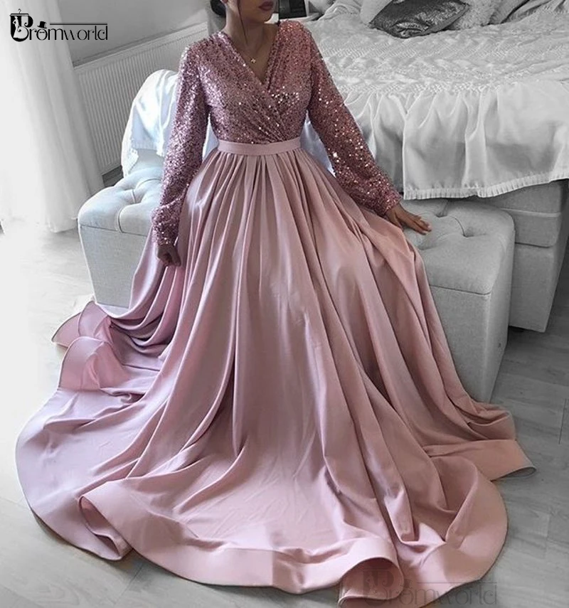 Vestido Formal rosa de manga larga con cuello en V para mujer, corpiño de lentejuelas, satén, línea A, talla grande, noche, graduación, Dubái