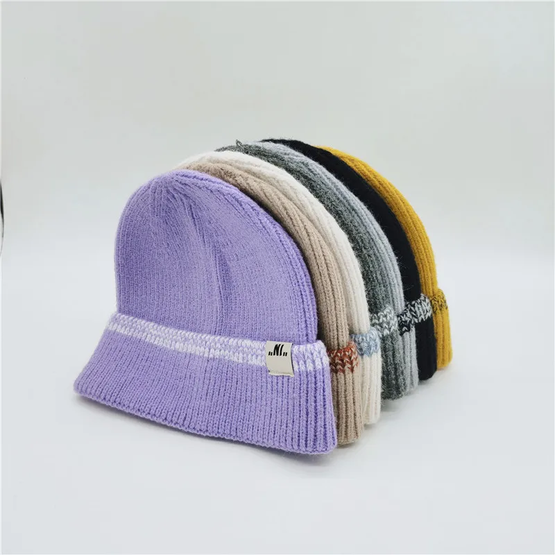 Fashion Plain Short Knitted Winter Hat for Women Embroidery Mens  Knitted Hat Cap Hiphop Warm Skullies Beanie