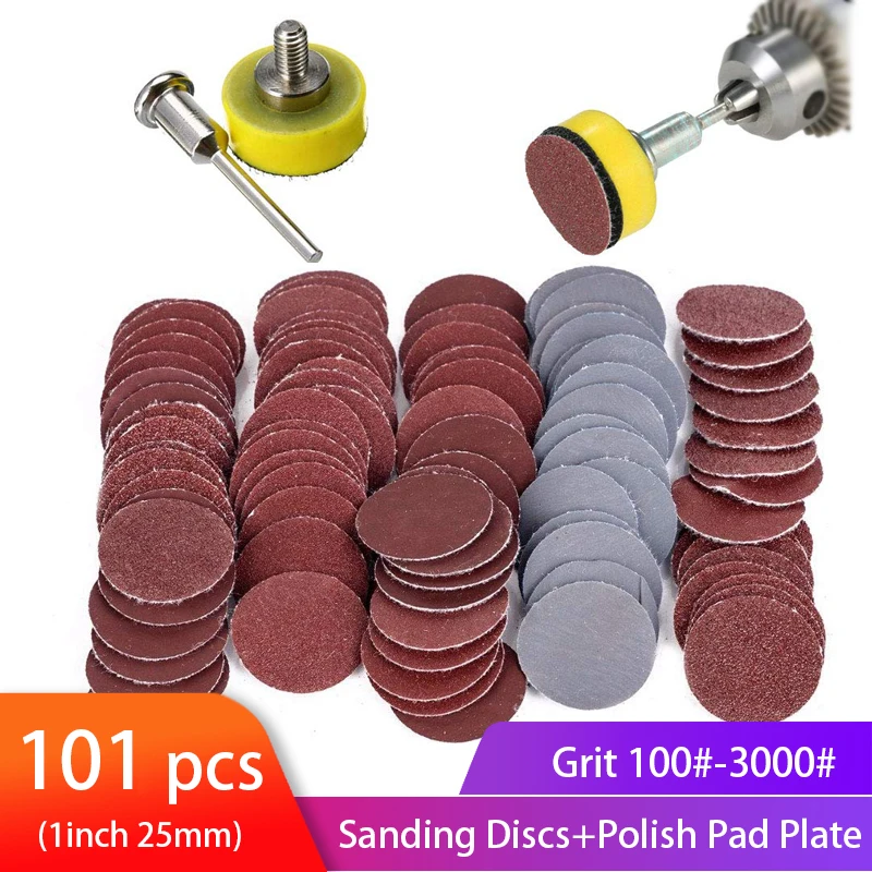 100pcs 1 Inch/25mm Sanding Discs Pad Sander Disk Kit with 1/8” Shank Abrasive Polish Pad Plate for Polishing Dremel Rotary Tool