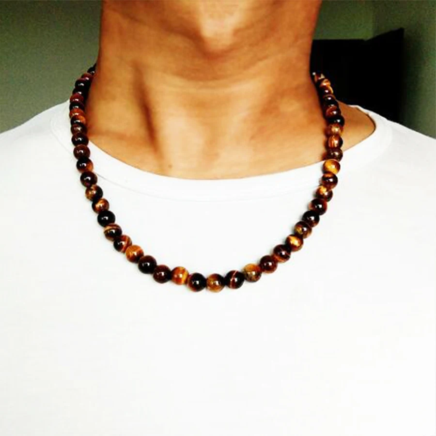 Fashion Vintage Beaded Choker Necklace for Men 8mm Natural Tiger Eye Stone Beads Collares Chain Strand Necklace Yoga Jewelry