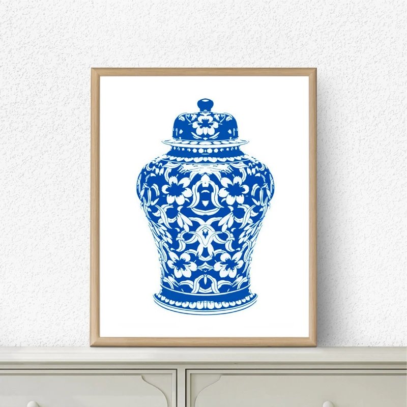 

Blue and White Ginger Jar Print Chinoisierie Chic Canvas Art Painting Blue White Chinoiserie Vase and Porcelain Giclee Pictures