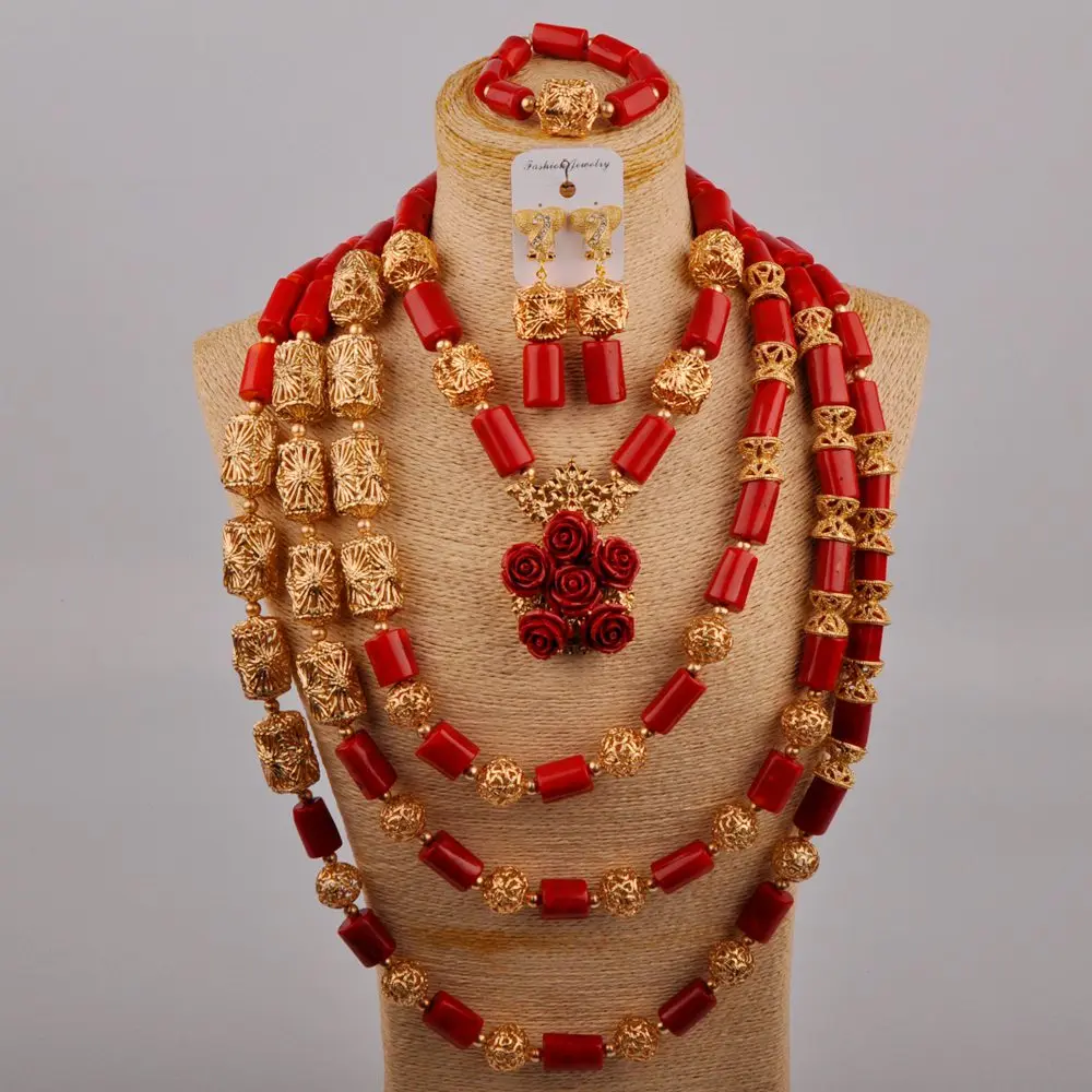 

Bride Wedding Jewelry Charm Red Natural Coral Necklace African Female Wedding Accessories Nigeria Wedding Bead Set AU-473