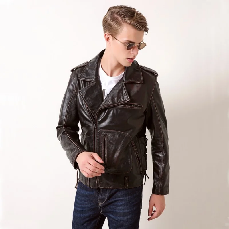 Brand New Cow Leather Mens Slim Fit Vintage Outerwear Coats Chic Side Lace Up Lapel Genuine Leather Moto Biker Jackets Plus Size