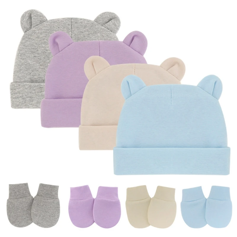 Newborn Baby Cotton Beanies Hospital Hat and Mittens Set Solid Candy Color Stretchy Infant Warm Anti Scratching Gloves 0-1