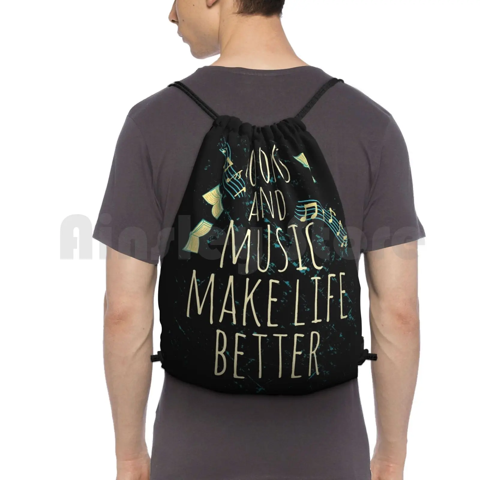 Books And Music Make Life Better #1 Backpack Drawstring Bags Gym Bag Waterproof Books Book Nerd Geek Fangirl Fan