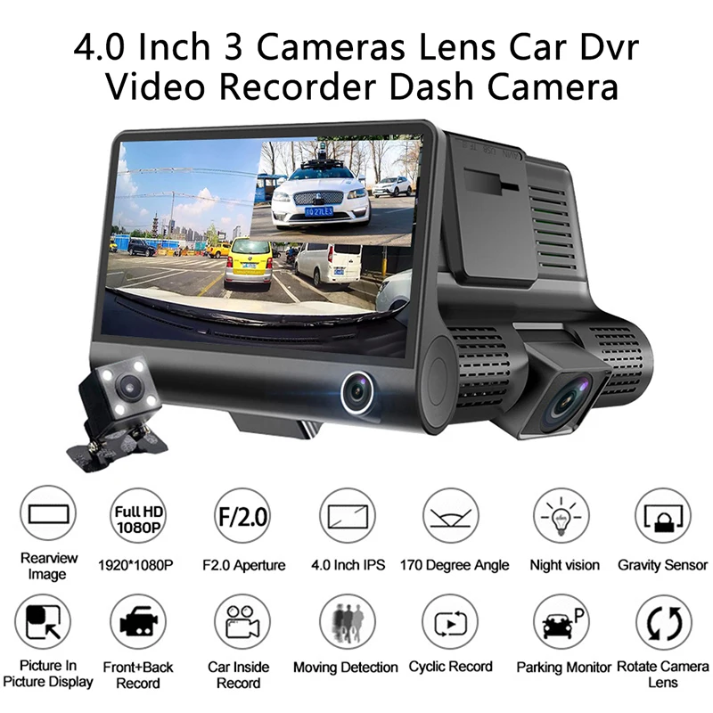 Taida 1080P Full HD 4 Inch Screen Car DVR 3 Lens Dash Camera Parking Record Rearview Vehicle Video DVR Night Vision Dash Cam