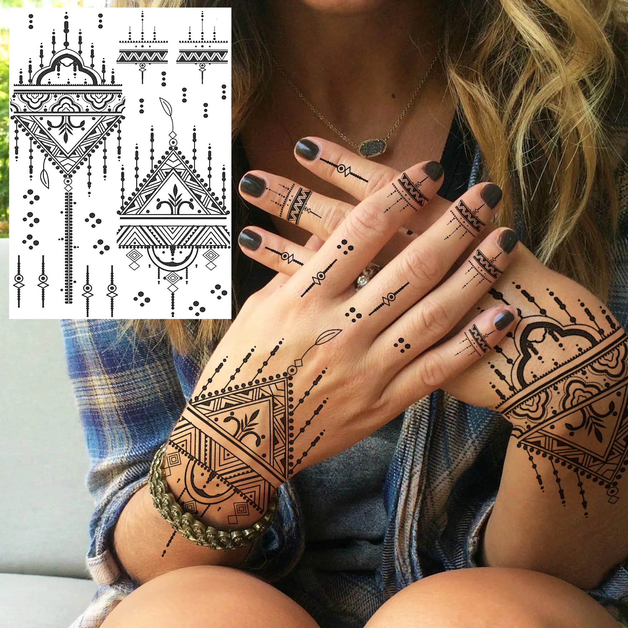 Black Mandala Flower Temporary Tattoos Sticker For Women Sexy Fake Jewelry Chains Tatoos Washable Henna Ganesha Tattoo Pendants