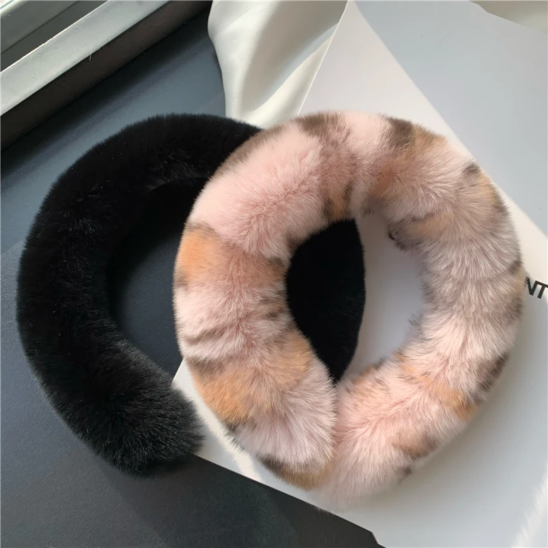 New Ladies Real Rex Rabbit Fur Hairband Plush  Solid Leopard Color Super Fluffy Hair Waring Card for Women Gift Dropshipping