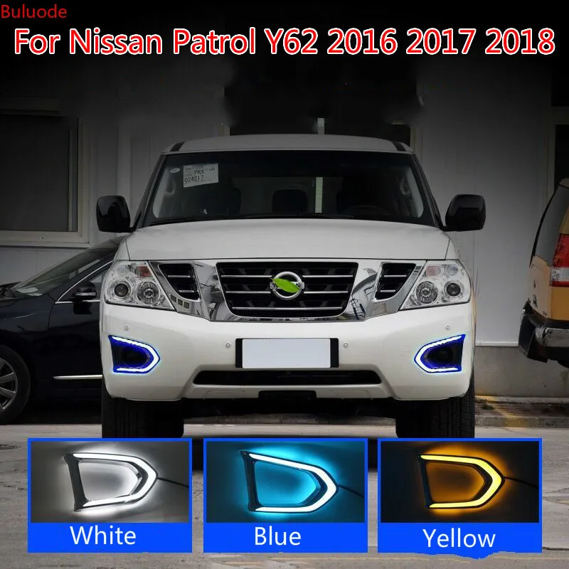 1Pair Car LED DRL For Nissan Patrol Y62 2016 2017 2018 Daytime Running Light With Yellow Turn Signal Night Blue Fog Lamp