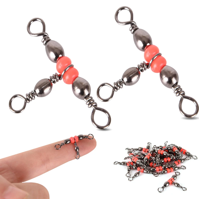 Fishing Snap Swivel 3 Way Barrel Rolling Swivel Ring Fishhook Lure Line Connector With Beads Fishing Accessory Tackle 10Pcs/lot