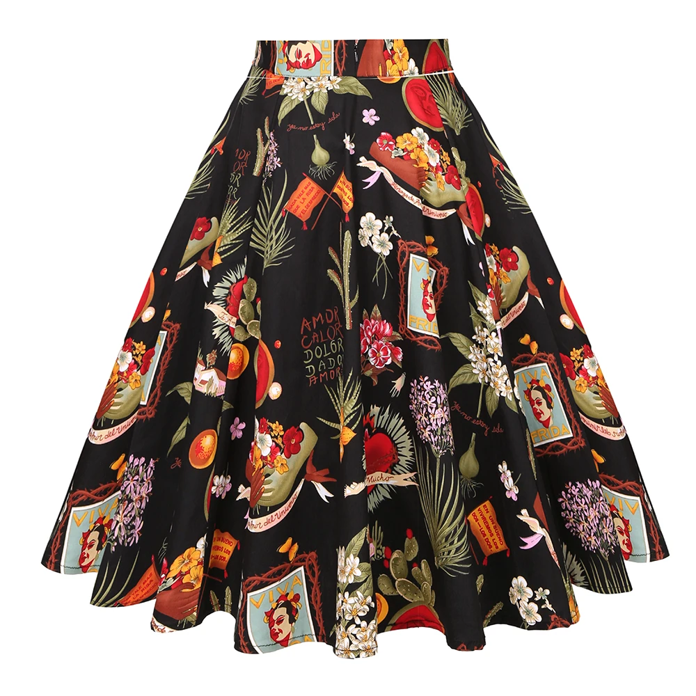 2025 Summer Vintage Rockabilly Skirt Pinup 50s 60s 40s Casual Runway Knee Length Skater Womens Sexy Big Swing Cotton Midi Skirts