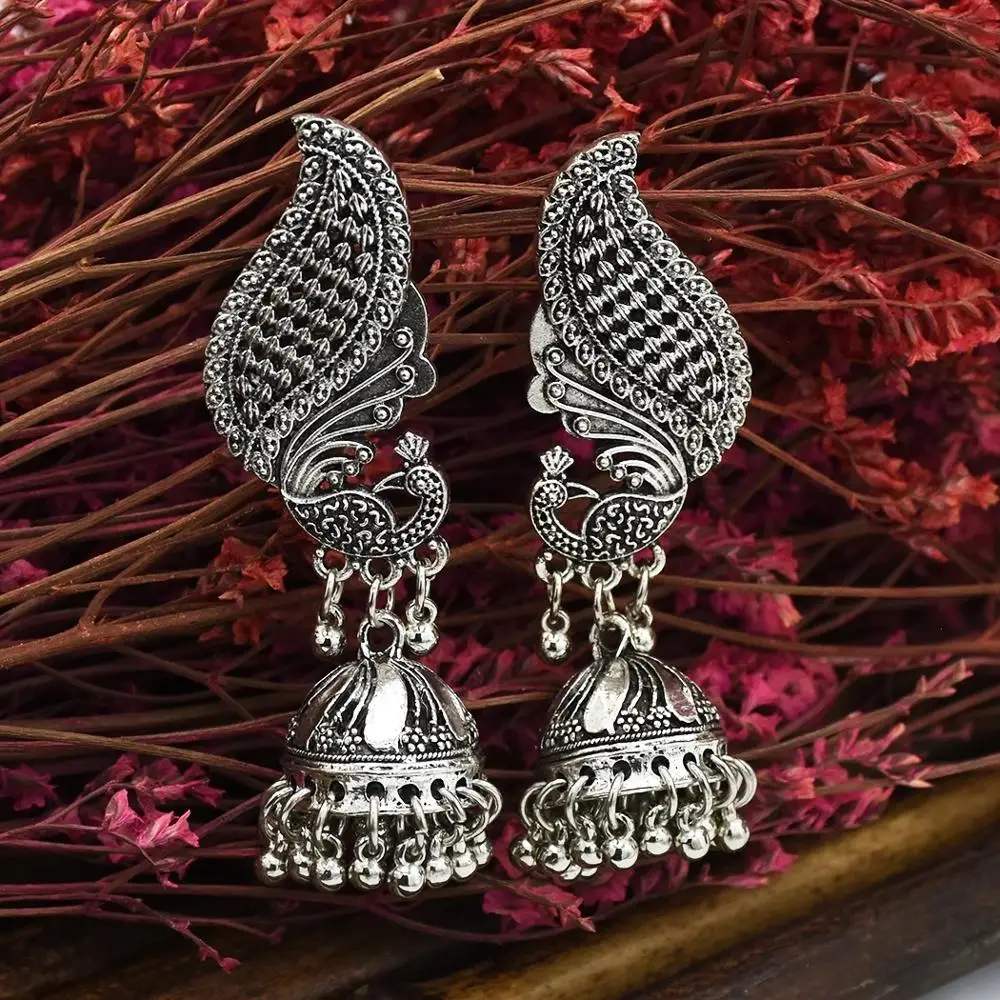 Women Silver Color Peacock Indian Jewelry Gypsy Vintage Ethnic Boho Tribe Bell Tassel Drop Earrings Jhumka Earrings Jewelry