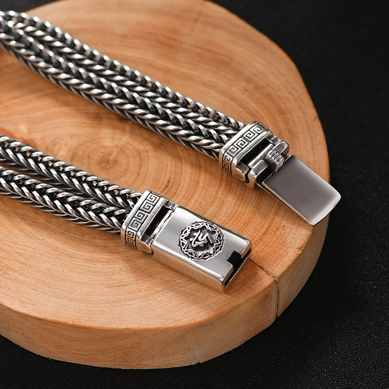 HX Hand-Woven Silver Men\'s Bracelet Fashion Trend Personality Chinese Style Retro Creative Thai Silver Jewelry Accessories