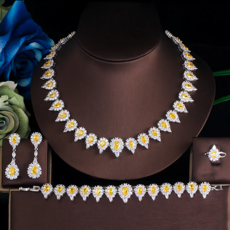 

ThreeGraces 4pcs Luxury Yellow Water Drop Cubic Zirconia Gorgeous Wedding Bridal Banquet Party Jewelry Set for Women T1021