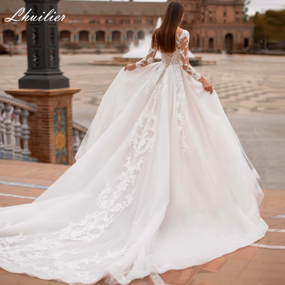 Lhuilier-vestido de novia elegante con cuello redondo, vestido de novia con apliques de encaje, mangas completas, largo hasta el suelo, tren de la capilla