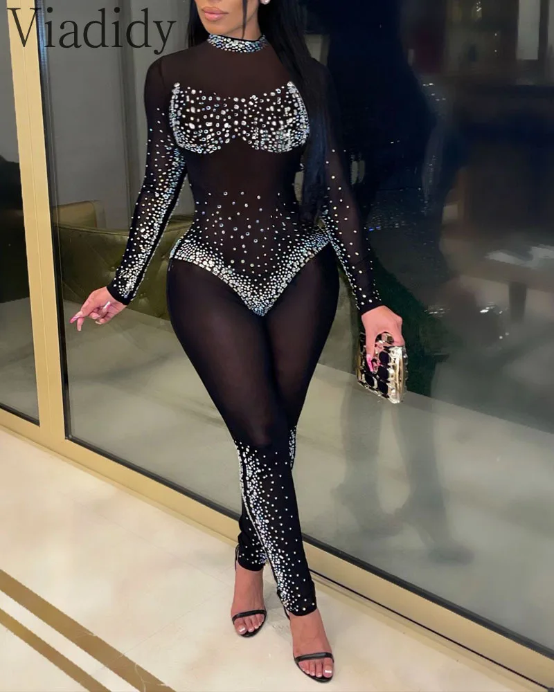 Women Sexy See Through Rhinestone Design Sheer Mesh Skinny Jumpsuit