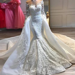 Lceland Poppy Customized Mermaid Wedding Dresses Scoop Neck Long Sleeves Beaded Lace Bridal Gown with Detachable Train