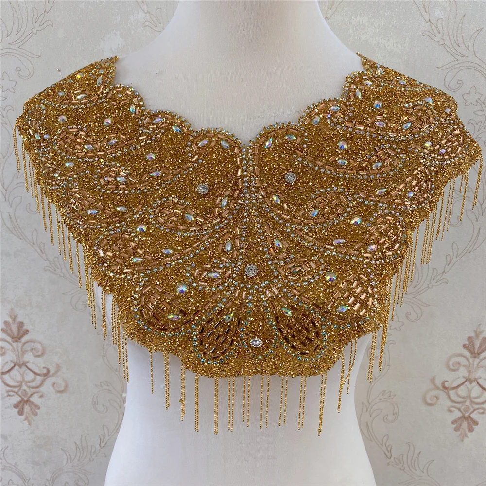 new Gold one side iron on  wedding embroidered crystal rhinestone collar necklace  appliques  with fringe