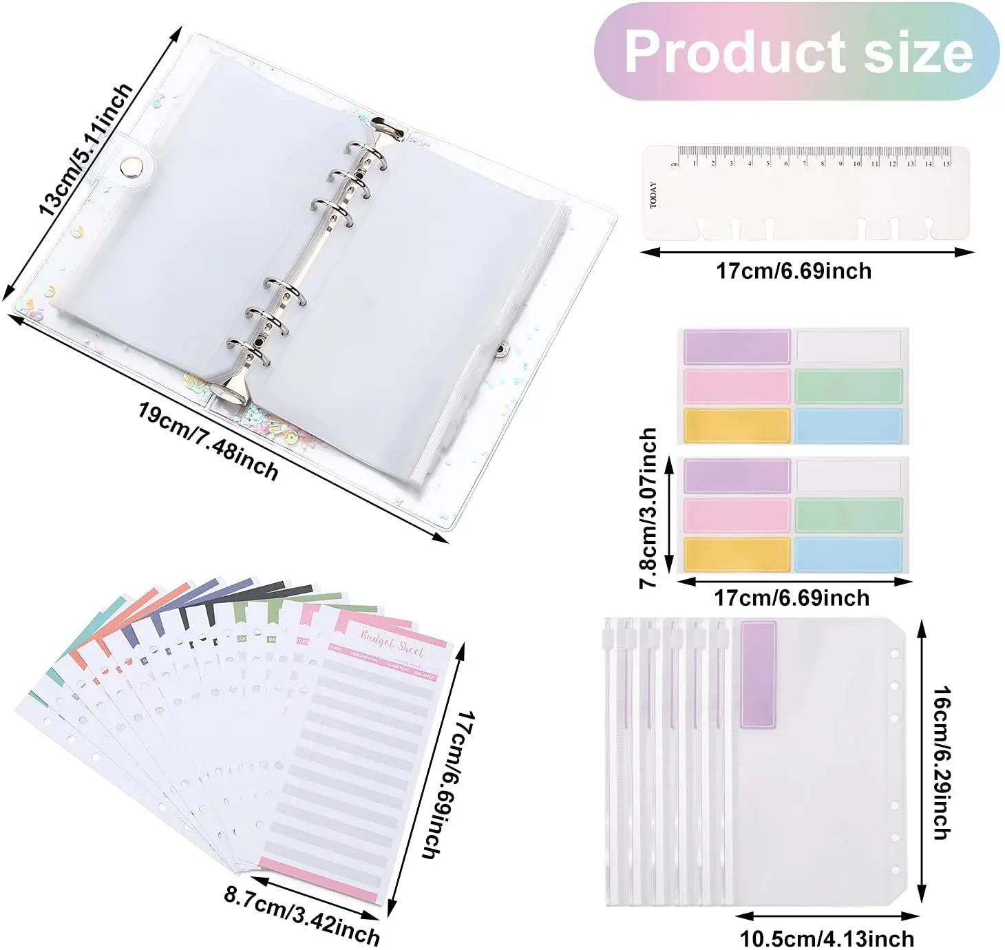 Classeur à Paillettes en PVC, Enveloppes de Caisse avec 12 Poches Transparentes à Fermeture Éclair, 12 Feuilles de Budget, Autocollants de Documents, Règle d'Échelle, 28 Pièces