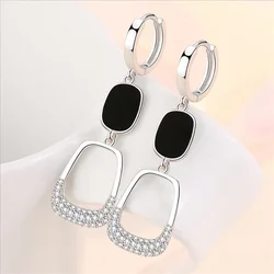 Trendy 925 Sterling Silver Earrings Women Long Accessories On Ear Personality Zircon Black Square Drop Earrings Female Bijou Hot