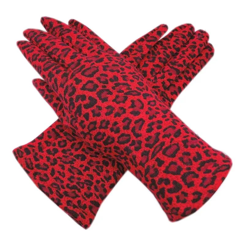 Winter ladies fashion new gloves, red Lycra fabric, leopard print thick velvet material for warmth, driving, cold-proof gloves,