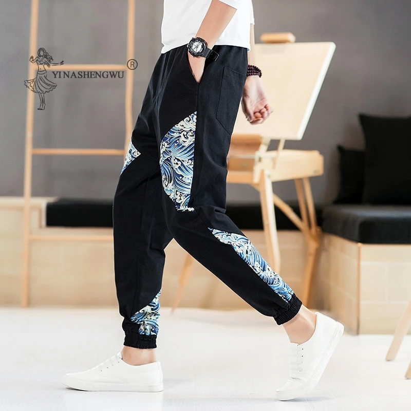 Japanese Casual Kimono Pants Loose Samurai Print Trouser Japan Men Traditional Asian Costume Yukata Style Cotton Linen Clothing