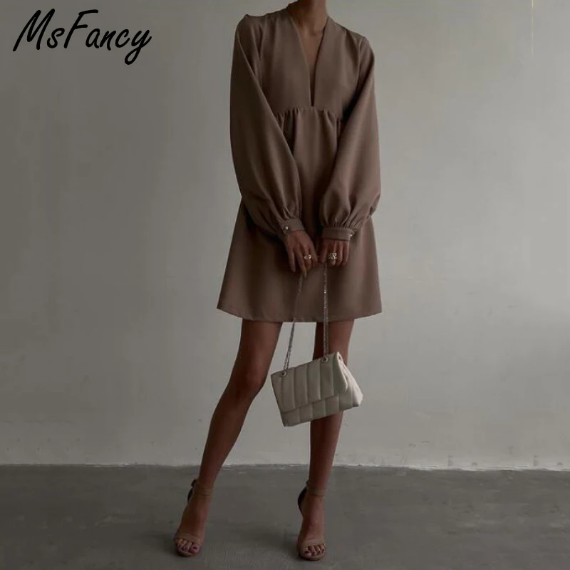 Msfancy-Mini Robe Rose pour Femme, Tunique à Col en V, Mode Coréenne, Manches Lanternes, Robe de Soirée, 2022