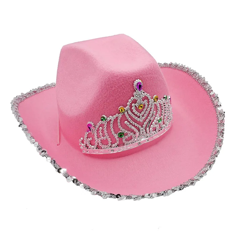 New Western Style Tiara Pink Cowgirl Hat For Women Girl Tiara Cowgirl Hat Cowboy Cap Holiday Adult Hats Costume Party Hat