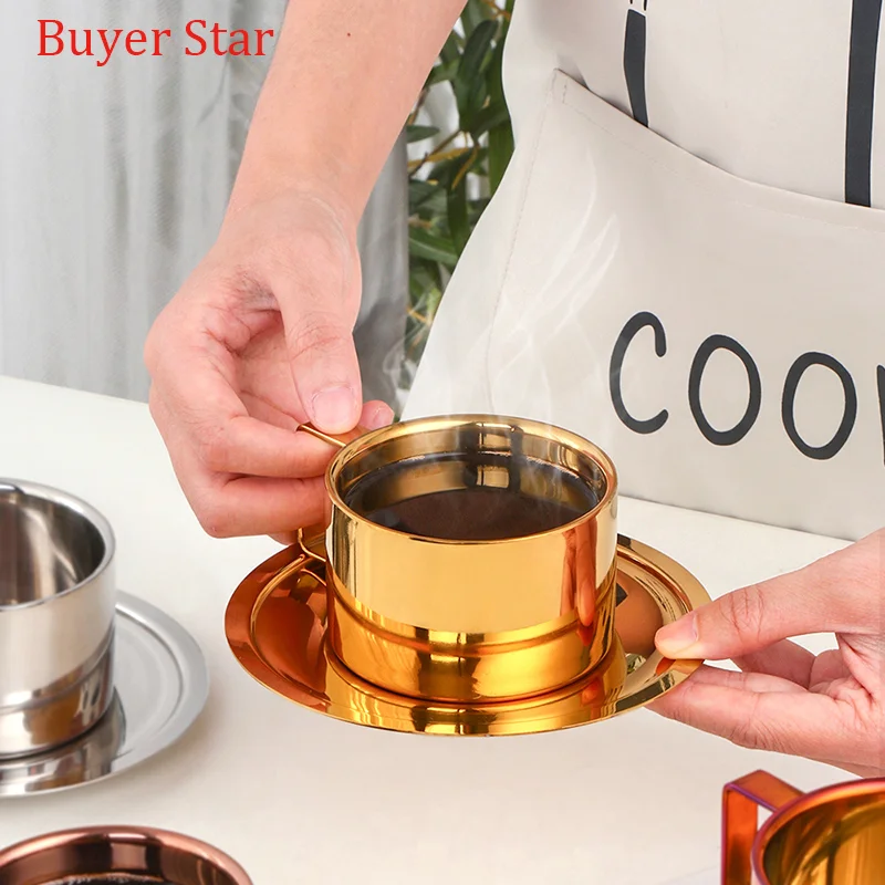 200ml Gold Coffee Cup Saucers Set stainless steel Mug Tea Cup with tray Metal water Milk cups Cafe Party Drinkware Kitchen tools