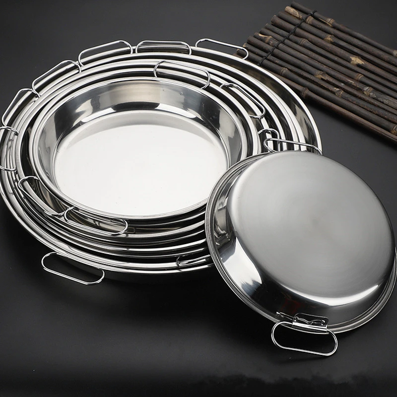 Round Stainless Steel Serving Plates for Food Cold Noodle Making Dishes Steamed Tray Dinnerware Kitchen Pastry Pan with Handle