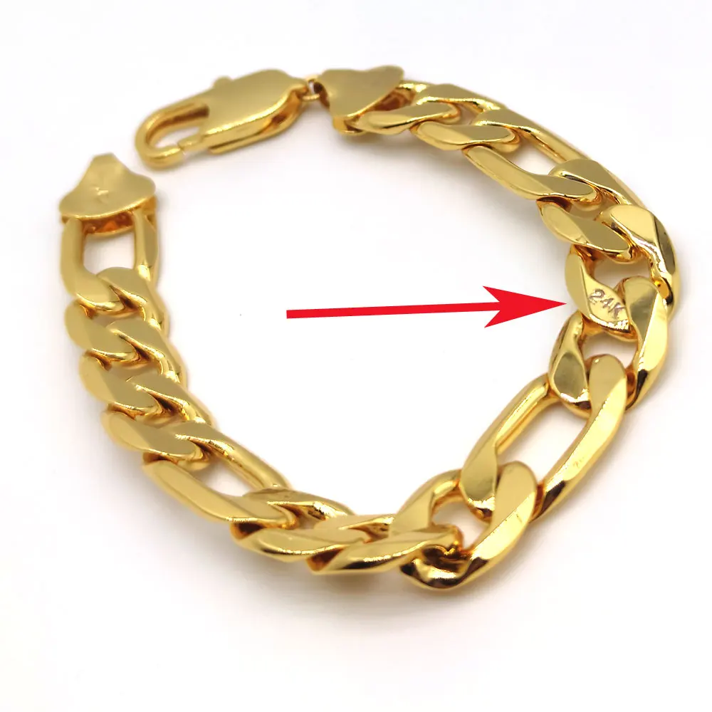 Men\'s Italian Figaro Link Hip Hop Bracelet 8.46inch 12mm Thick 24K Stamp Gold Plated Wrist Chain