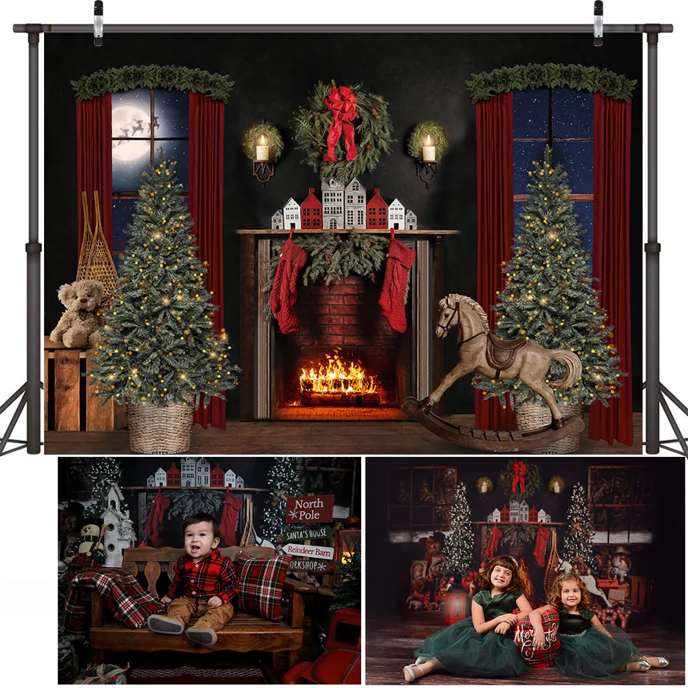 Winter Christmas Photography Backdrop Fireplace Birthday Cake Smash Portrait Background Snow Socks Pine Forest Studio Photoshoot