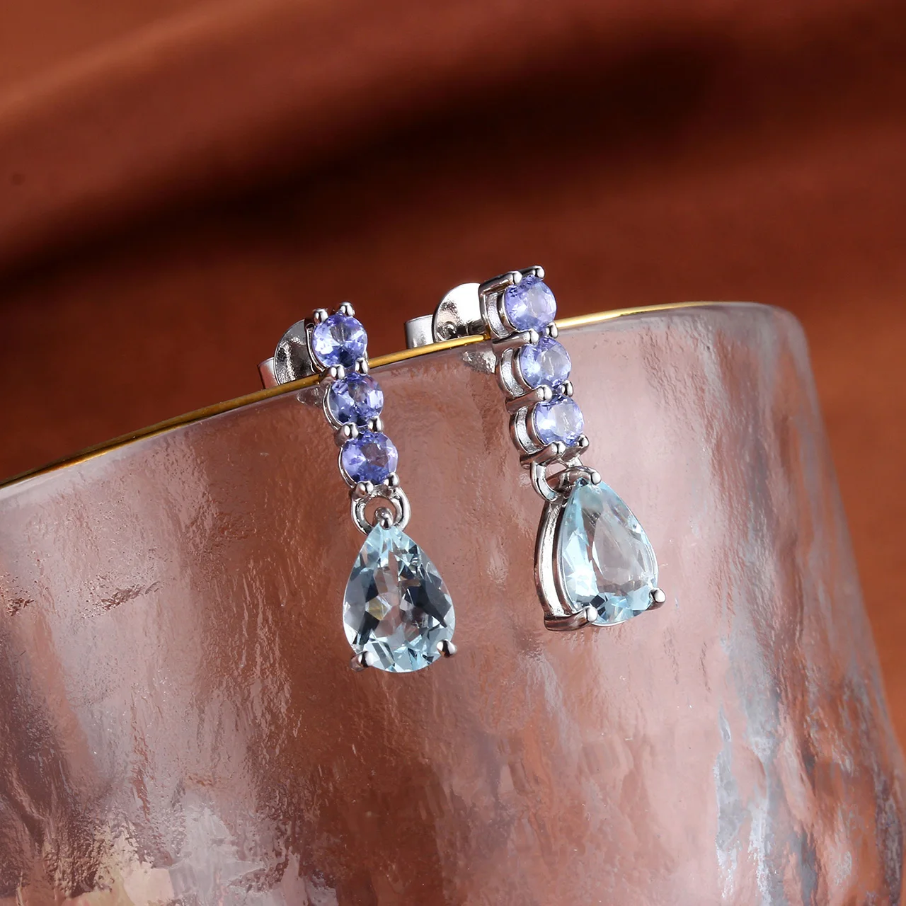 GESIDE  Tanzanite and Aquamarine Rhodium Over Sterling Silver Earrings enamel dangle dainty silver dangle pearl