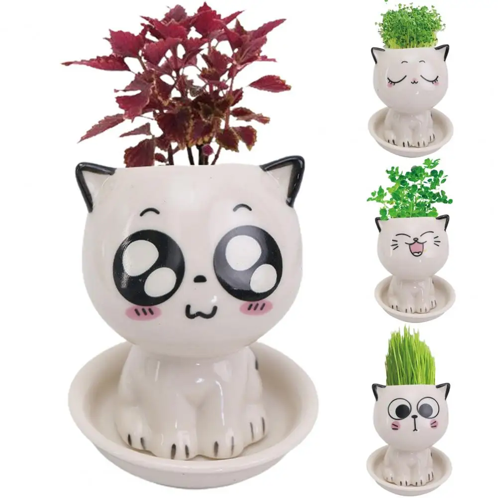 Mini Cat Shaped Ceramic Flowerpot Cartoon Cute Hand Desktop Potted Plant Pot Landscaping Decoration Desk Decorate Small Ornament