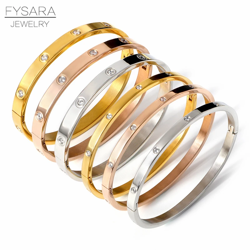 FYSARA Luxury Brand Crystals Love Bangles Cubic Zirconia Bracelets Couple Luxuxy Jewelry Stainless Steel Bangles For Women Gift