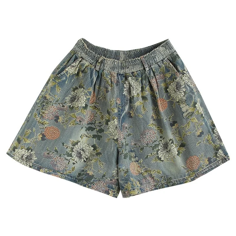 Summer Women Casual Shorts Vintage Floral Print Wide Leg Short Jeans Female High Waist Loose Denim Shorts with Pocket Streetwear