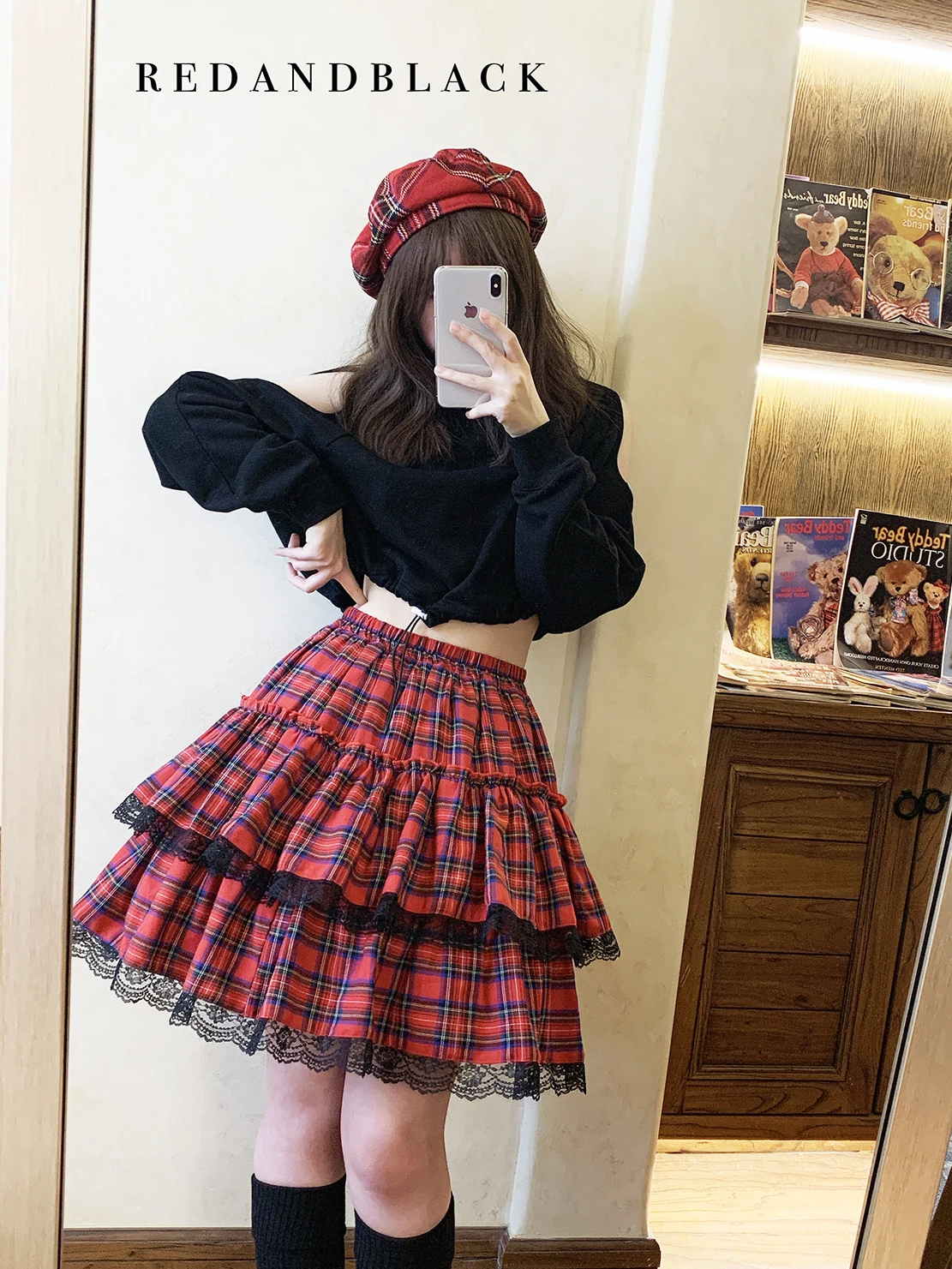 Women's Gothic Harajuku Punk Red Plaid Mini Skirts, Kawaii A-Line, Black Lace Cake Skirts, Sweet Girl Fashion, New, Summer