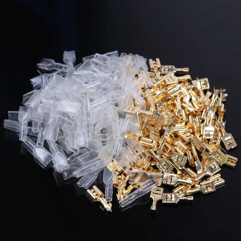 

200Pcs Female Crimp Terminal Connector 2.8/4.8/6.3mm Gold Brass Car Speaker Electric Wire Connectors Set 22-16 AWG