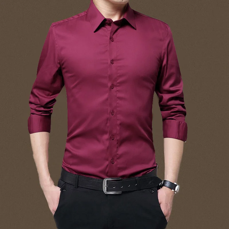 Men Long Sleeve Shirts Slim Fit Solid Business Formal Shirts for Autumn FS99