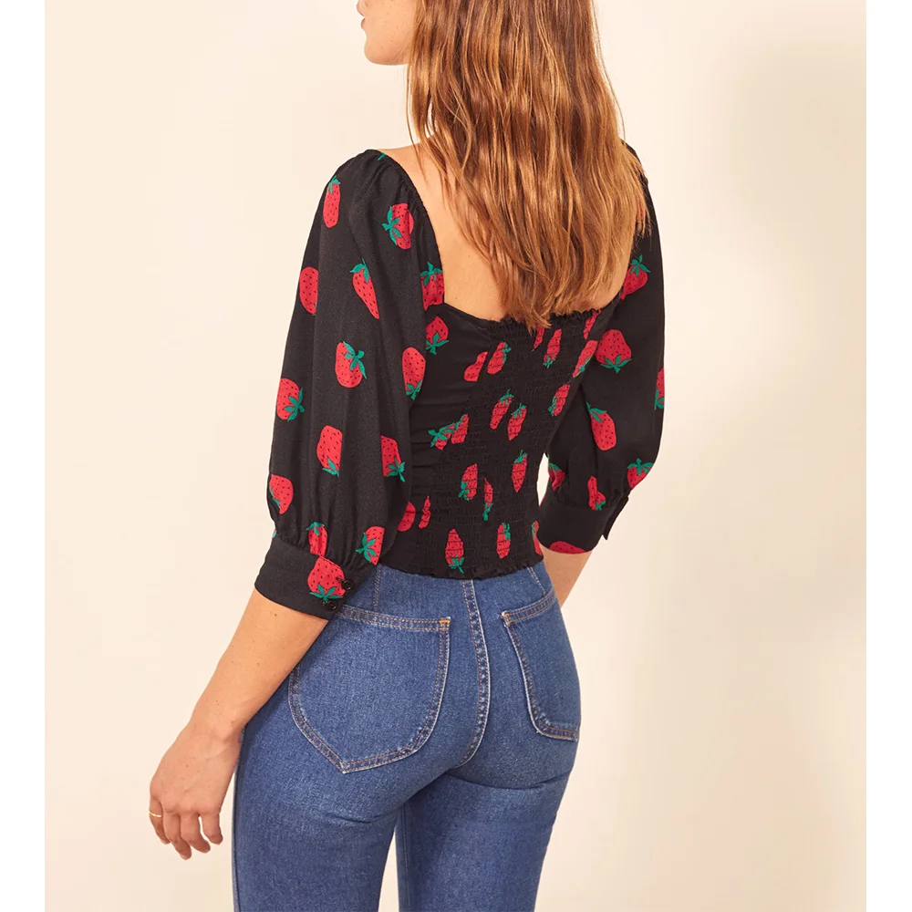 Blouses Women Casual 2021 Fashion Sweetheart Neck Tie Bow Strawberry Print Blouse Back Smocked Slim Fitted Puff Sleeve Crop Top