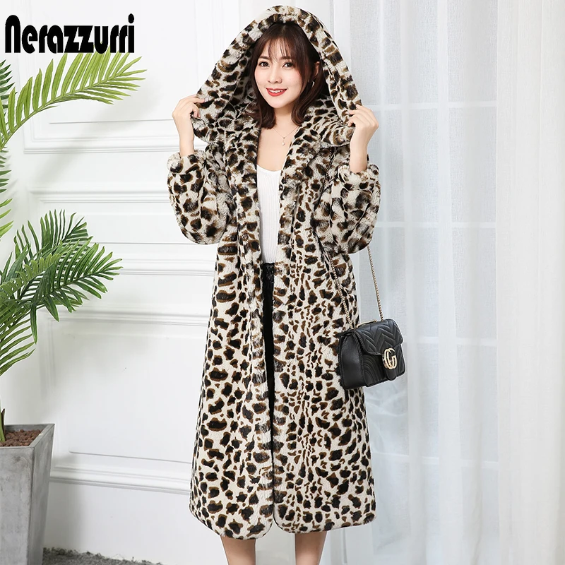 Nerazzurri High Quality Long Warm Thickened Leopard Print Faux Fur Coat Women with Big Hood Winter Fluffy Luxury Korean Fashion