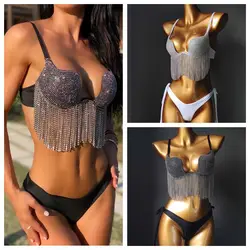 Black Tassel Bikini Set Women Diamante Carnival Bra rhinestone Sexy Night Club Panties Festival Bikini Set Burning Man Outfit